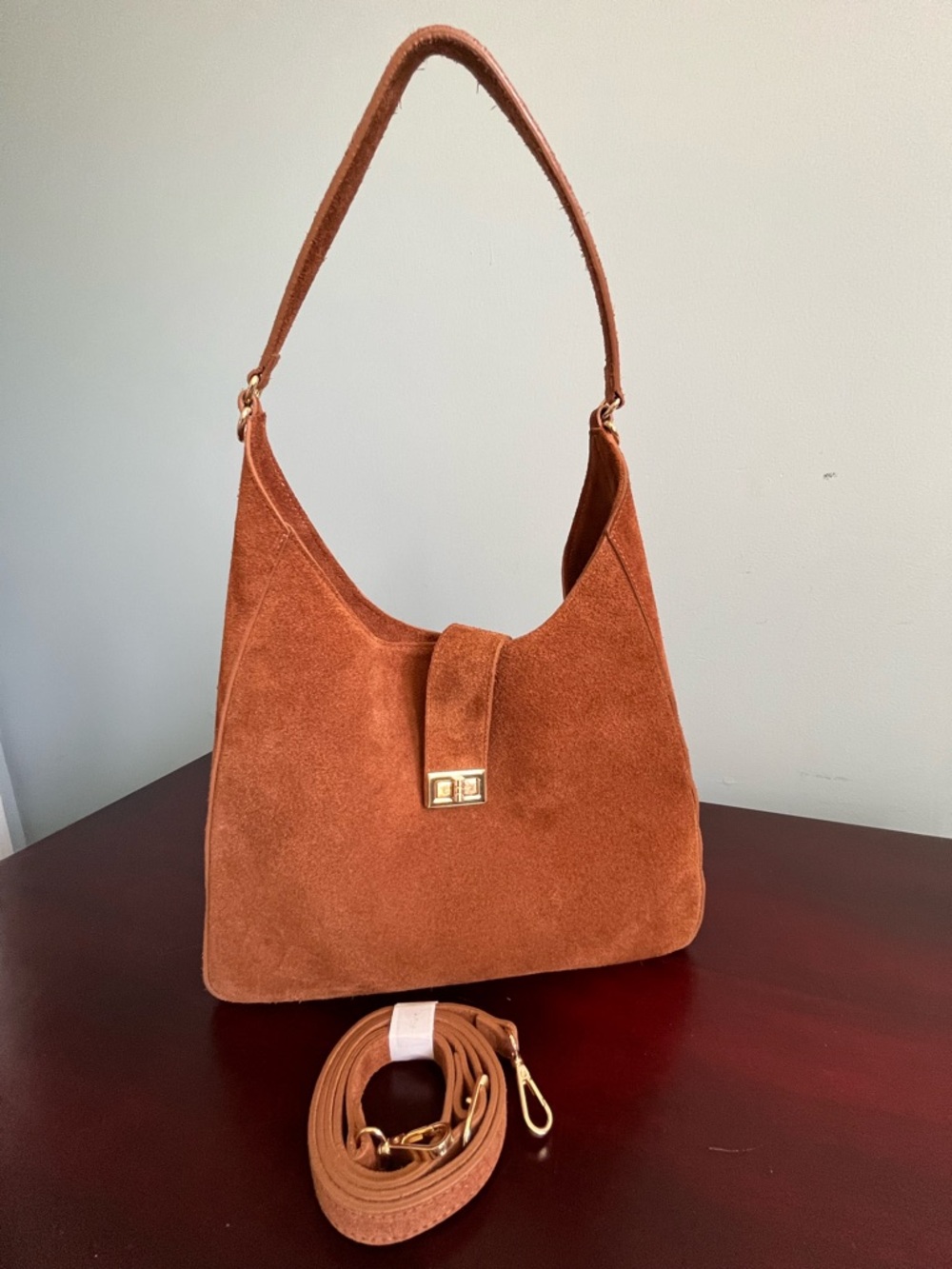 Rust Suede Hobo Bag with Gold-Tone Closure